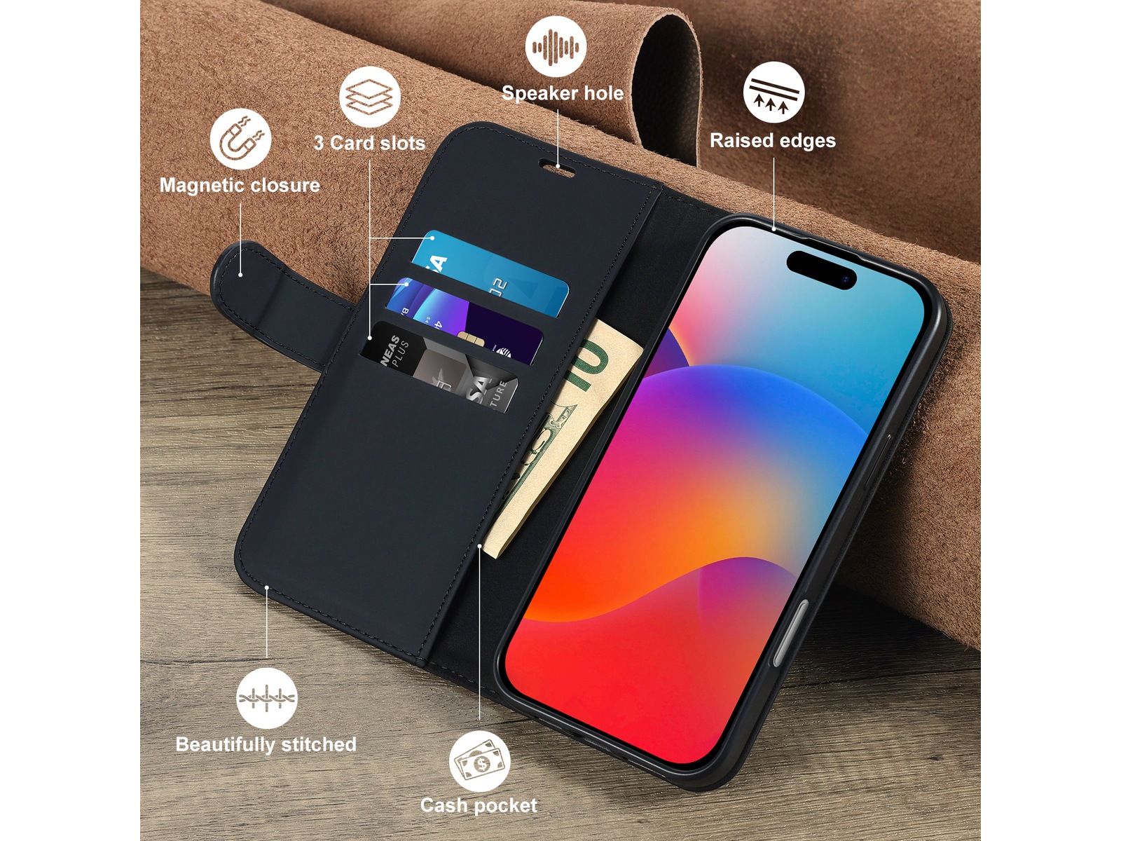 iiglo iPhone 16 Pro Lommebokdeksel (sort) Deksel til mobiltelefon