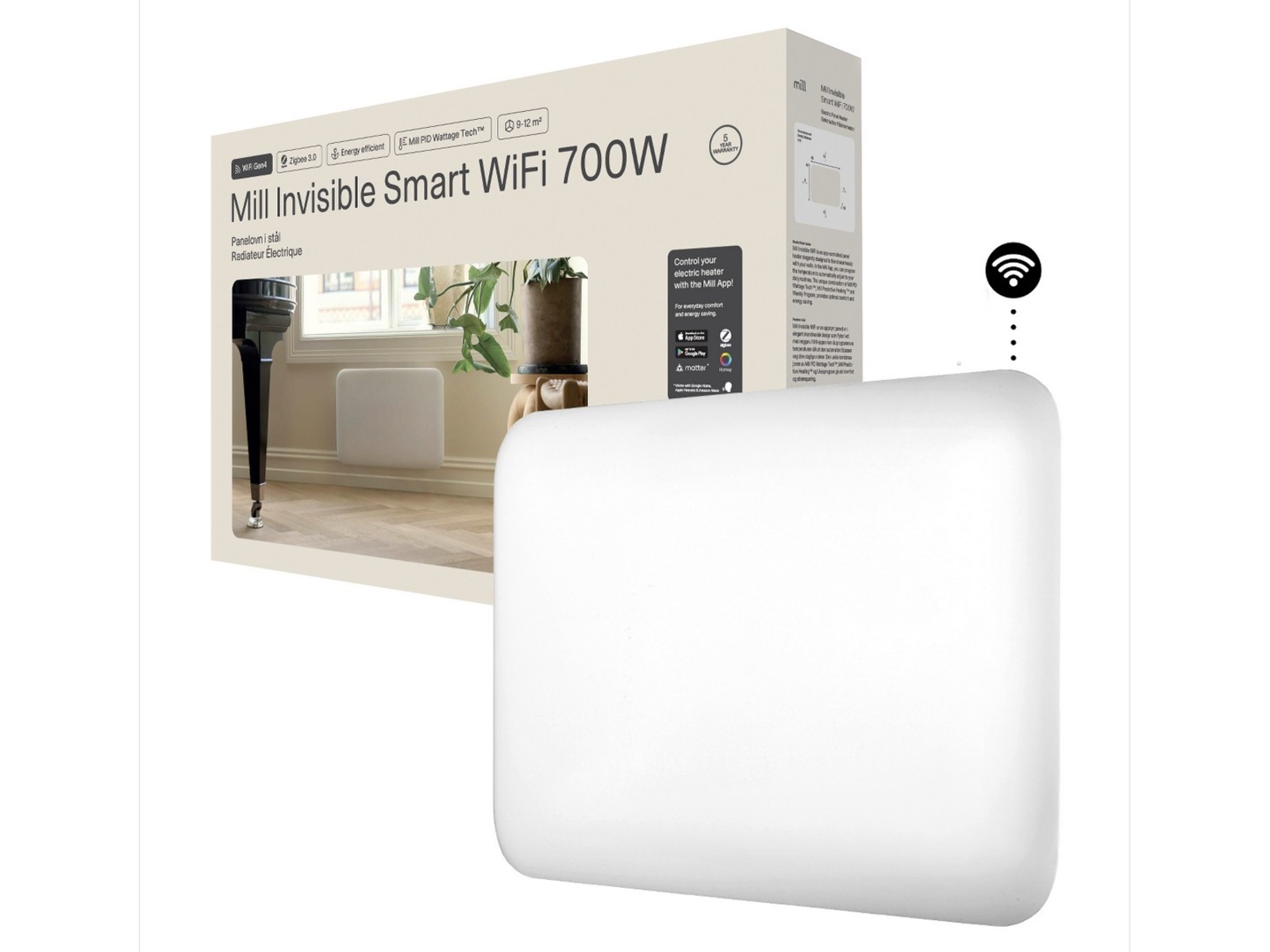 Mill Invisible Smart WiFi Gen 4 panelovn 700W 2-pakke (hvit) Panelovner