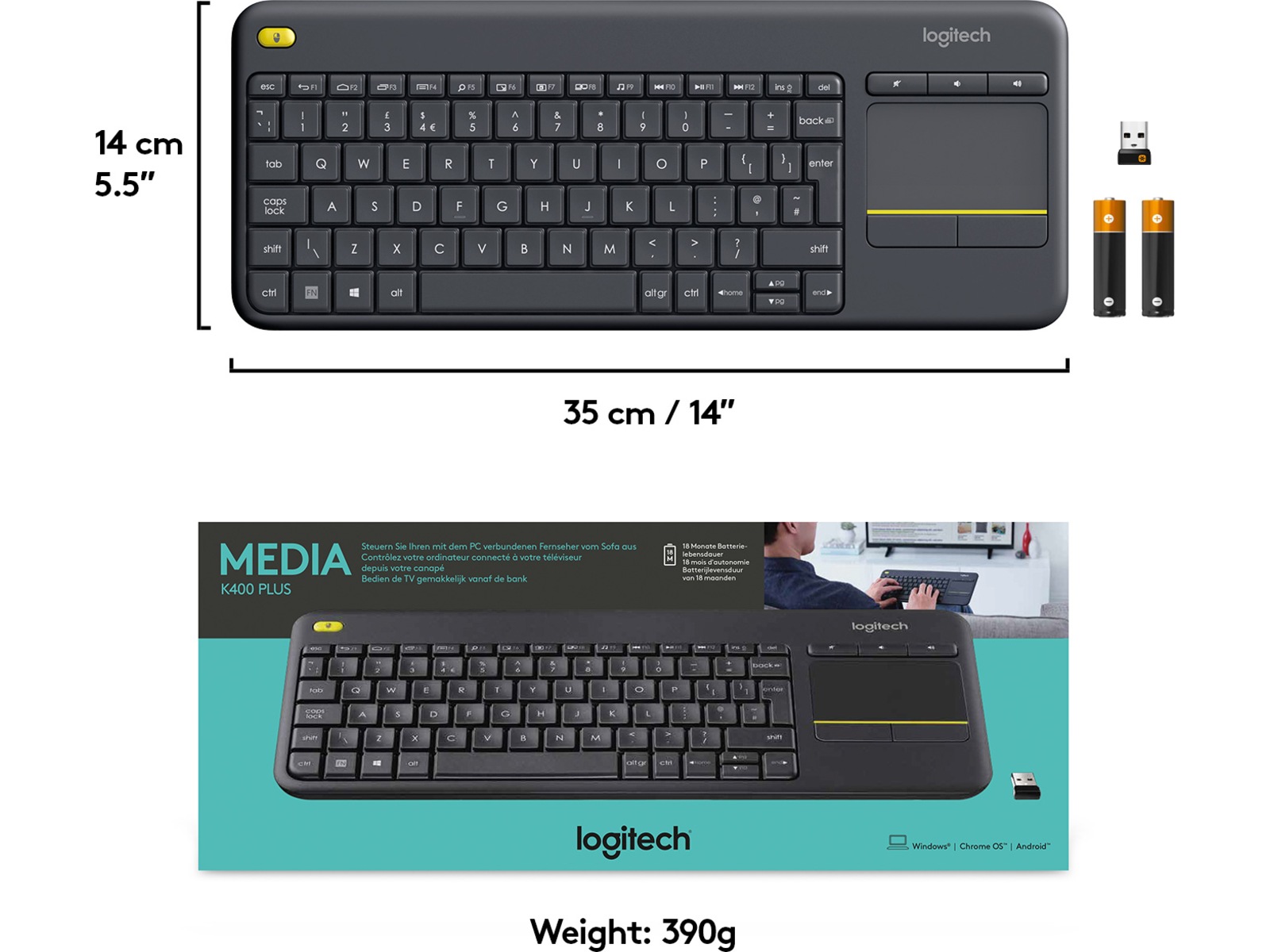 Logitech K400 Plus Trådløs Tastatur Grå Tastatur