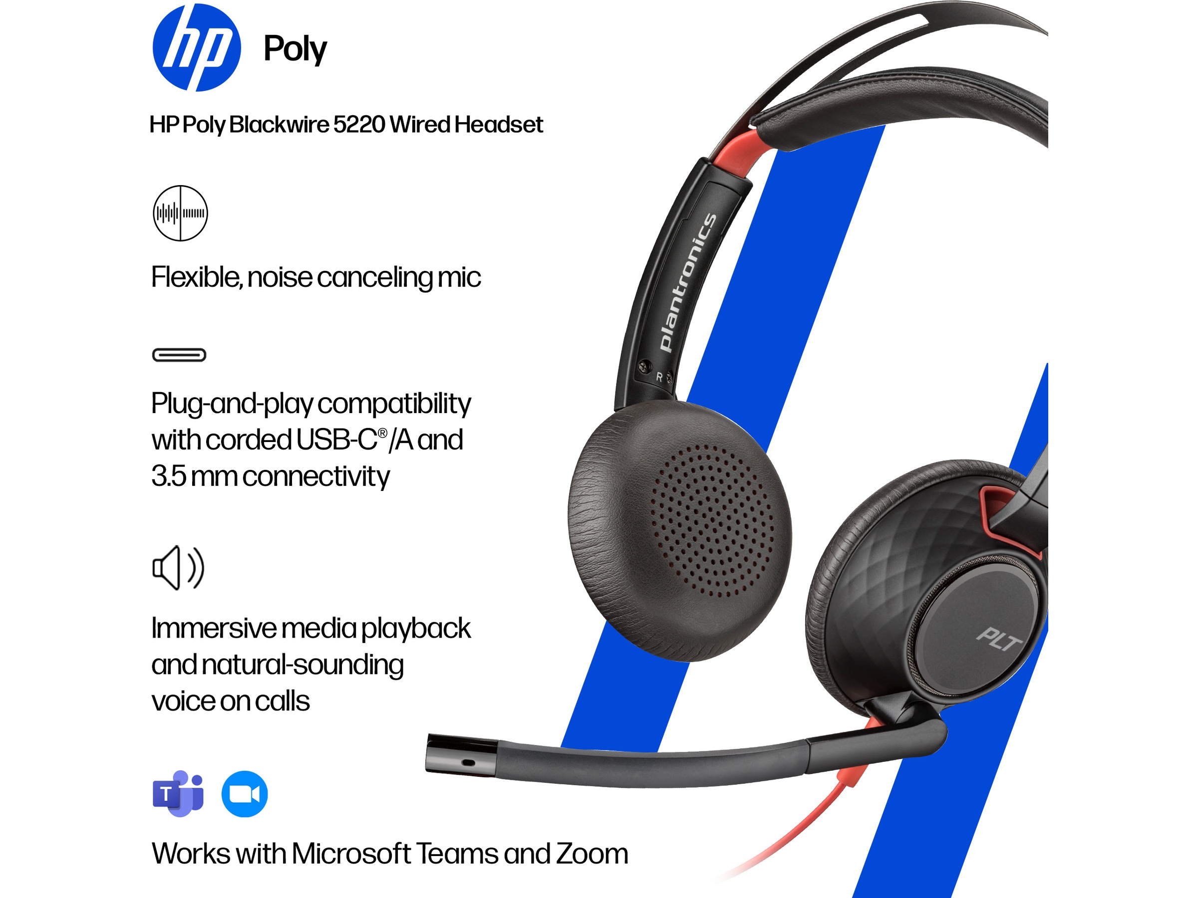 Poly Blackwire 5220 MS Teams USB-C Headset Hodesett, kablet