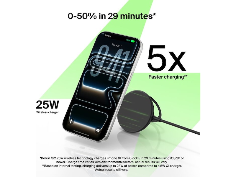 Belkin UltraCharge 25W Qi2 magnetisk ladeplate med stativ, sort Trådløs lader