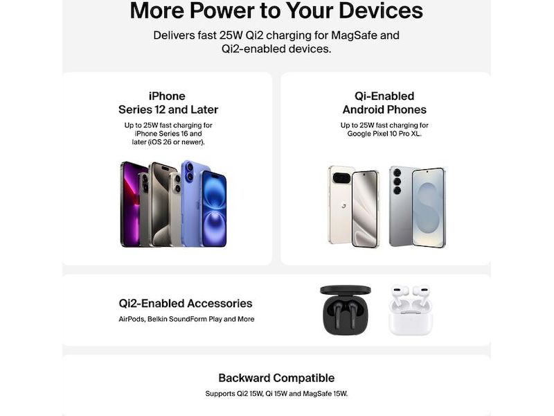 Belkin UltraCharge 25W Qi2 magnetisk ladeplate med støtteben Trådløs lader