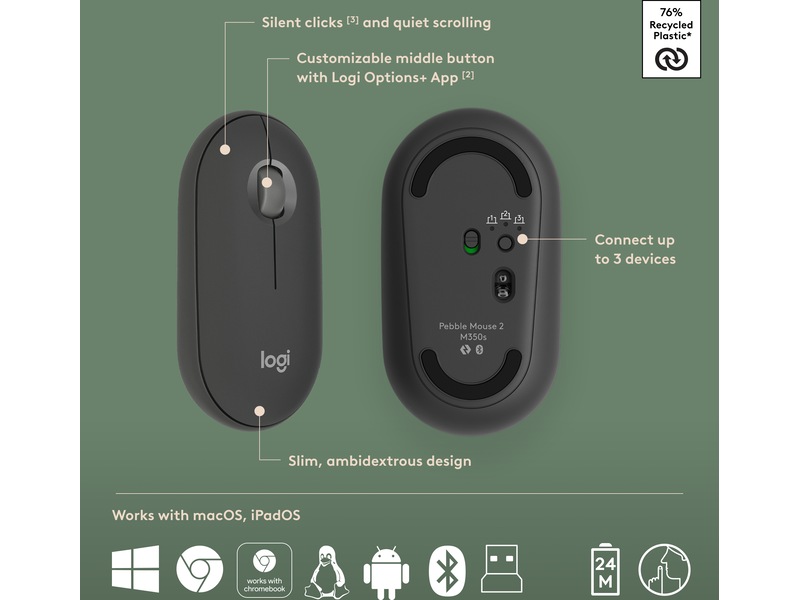 Pebble 2 Combo (sort) Mus & tastatur -kombipakker