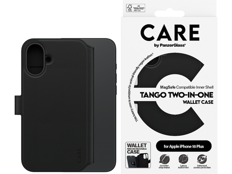 PanzerGlass CARE iPhone 16 Plus Tango 2-i-1 Lommebokdeksel (sort) Deksel til mobiltelefon
