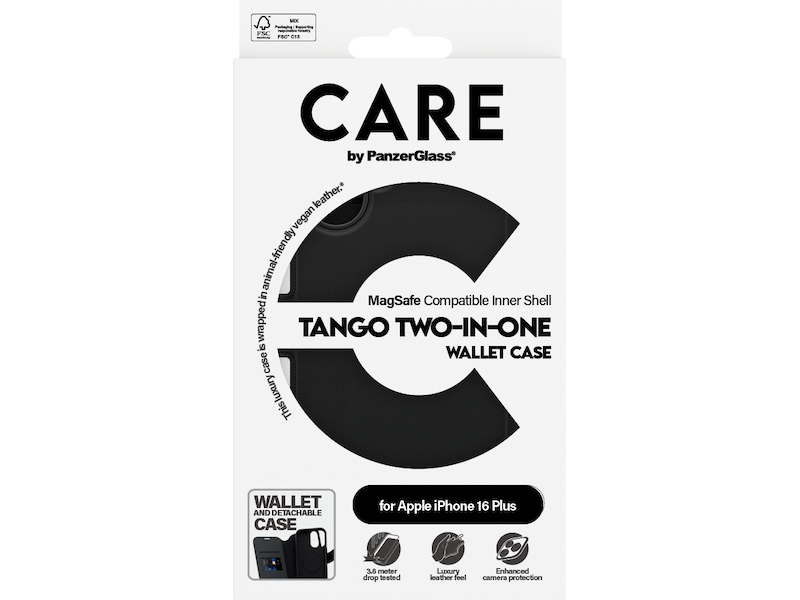 PanzerGlass CARE iPhone 16 Plus Tango 2-i-1 Lommebokdeksel (sort) Deksel til mobiltelefon