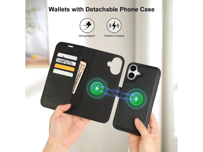 iiglo iPhone 16 Plus 2-i-1 Lommebokdeksel (sort) Deksel til mobiltelefon