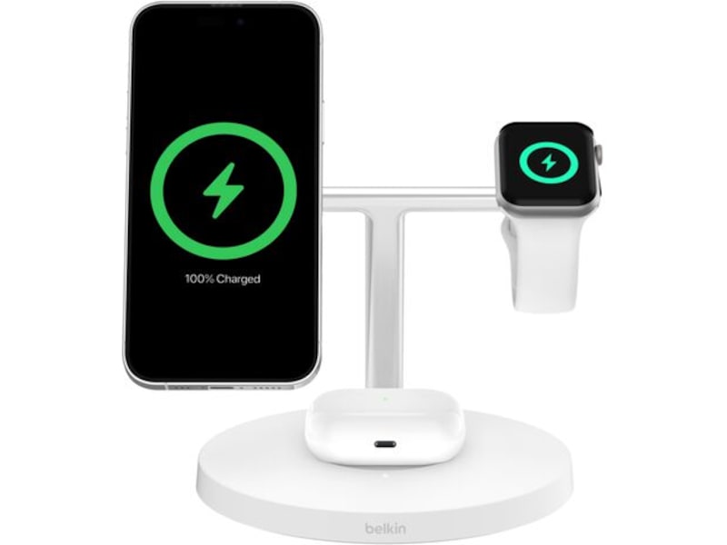 Belkin 3-i-1 Qi2 15W ladestativ (hvit) Trådløs lader