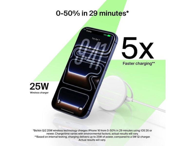 Belkin UltraCharge 25W Qi2 magnetisk ladeplate med støtteben Trådløs lader