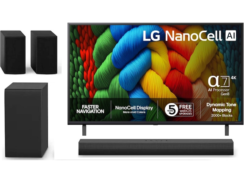LG 43" NANO80 AI 4K NanoCell Smart TV (2025) + lydplanke 60 - 69 tommer TV