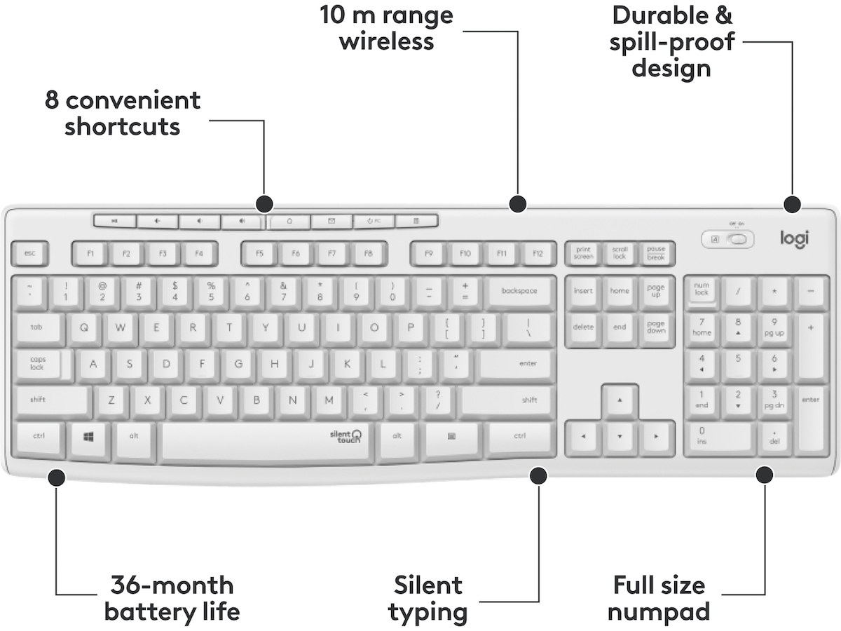 Logitech MK295 Silent Wireless Combo tastatur og mus (hvit) Mus & tastatur -kombipakker