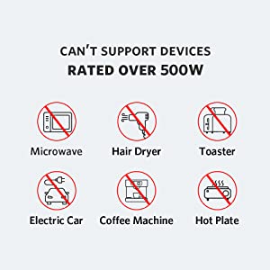 Støtter enheter og apparater med en effekt på mindre enn 500 W. Støtter enheter og apparater med en effekt på mindre enn 500 W.
