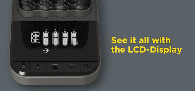 LCD-displayet viser ladestatus for hvert enkelt batteri