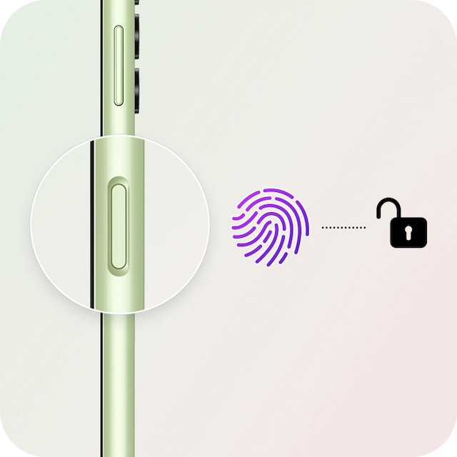 En sideprofil av Galaxy A14 5G vises, med fingeravtrykksensoren forstørret og forsterket. Like ved sensoren vises et fingeravtrykksymbol og et opplåsingssymbol med en kort, prikket linje imellom. En sideprofil av Galaxy A14 5G vises, med fingeravtrykksensoren forstørret og forsterket. Like ved sensoren vises et fingeravtrykksymbol og et opplåsingssymbol med en kort, prikket linje imellom.