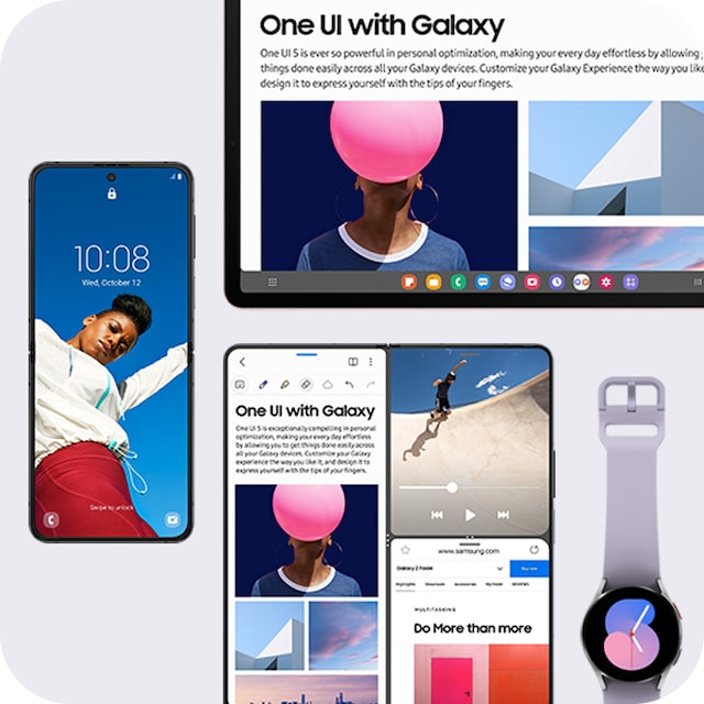 Galaxy Z Flip til venstre har en bakgrunn og en digital klokkewidget. Ved siden av er skjermen til Galaxy Z Fold delt inn i tre deler. Over den vises Galaxy Tabs oppgavelinje. Galaxy Watch til høyre har en urskive. Galaxy Z Flip til venstre har en bakgrunn og en digital klokkewidget. Ved siden av er skjermen til Galaxy Z Fold delt inn i tre deler. Over den vises Galaxy Tabs oppgavelinje. Galaxy Watch til høyre har en urskive.